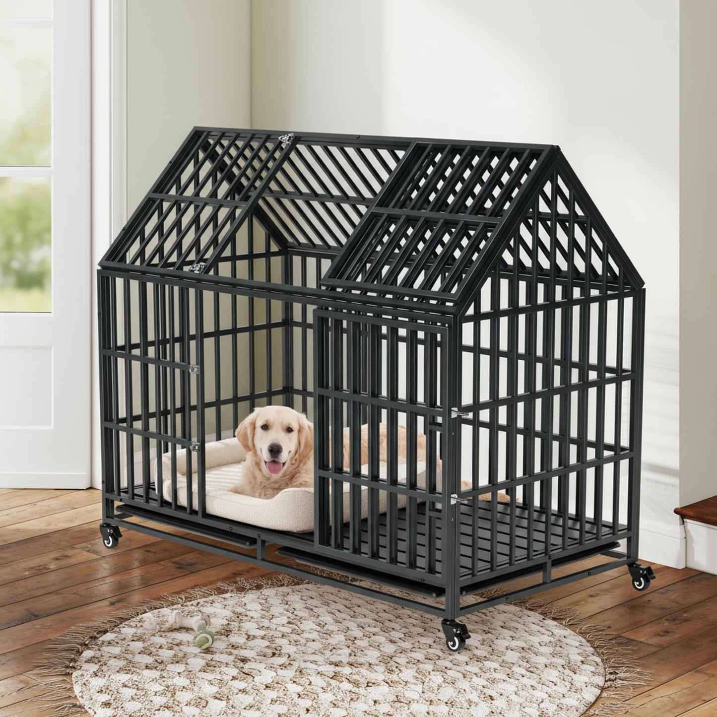 Indestructible Dog Crate with Divider – 54 Inch Heavy Duty Indoor Dog Kennel for Large Dogs, Steel XL Dog Cage with Double Door, Wheels & Removable Tray, Black
