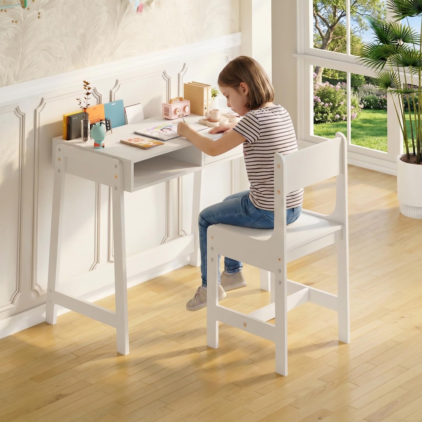 Kids Desk and Chair Set – Wooden Study Table with Storage Bins for Bedroom, Study Room, and Children's Room