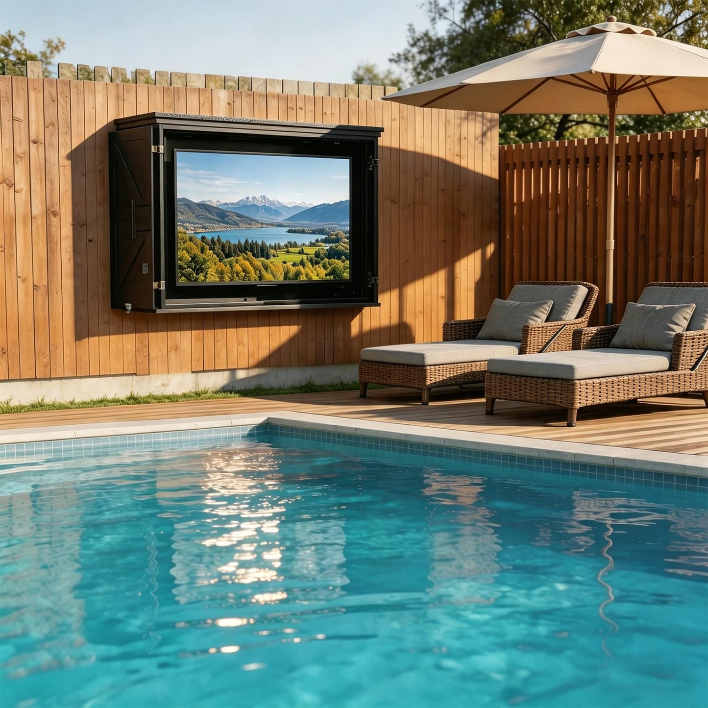 45-55" Solid Wood Outdoor TV Enclosure with Double Doors, Lock & Dual-Arm Mount