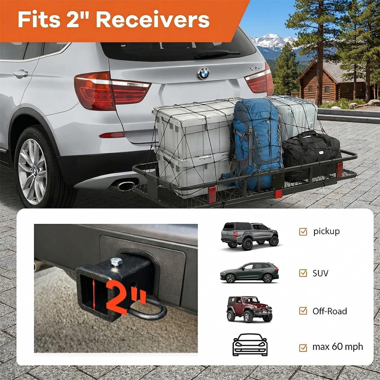 Hitch Cargo Carrier 70 in XXL Basket – Anti-Rattle Stabilizer & Waterproof Bag Set