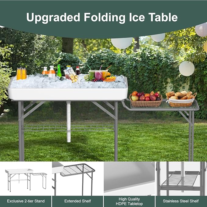 4-Foot Ice Cooler Table with Foldable Extension Stand, Drain Hose & Skirt – White