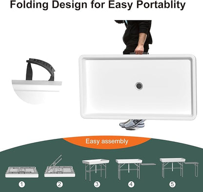 4-Foot Ice Cooler Table with Foldable Extension Stand, Drain Hose & Skirt – White