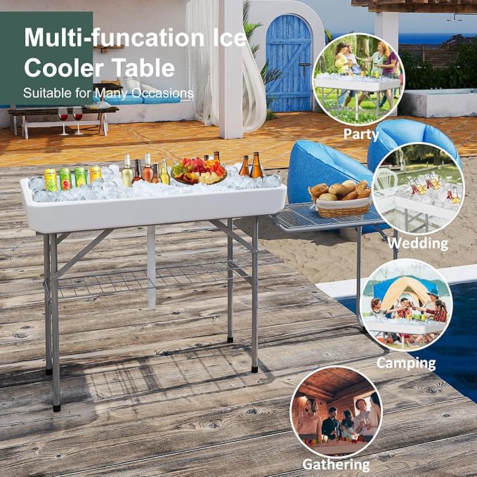 4-Foot Ice Cooler Table with Foldable Extension Stand, Drain Hose & Skirt – White