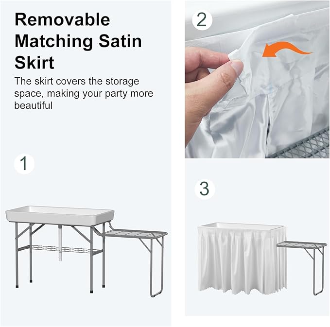 4-Foot Ice Cooler Table with Foldable Extension Stand, Drain Hose & Skirt – White