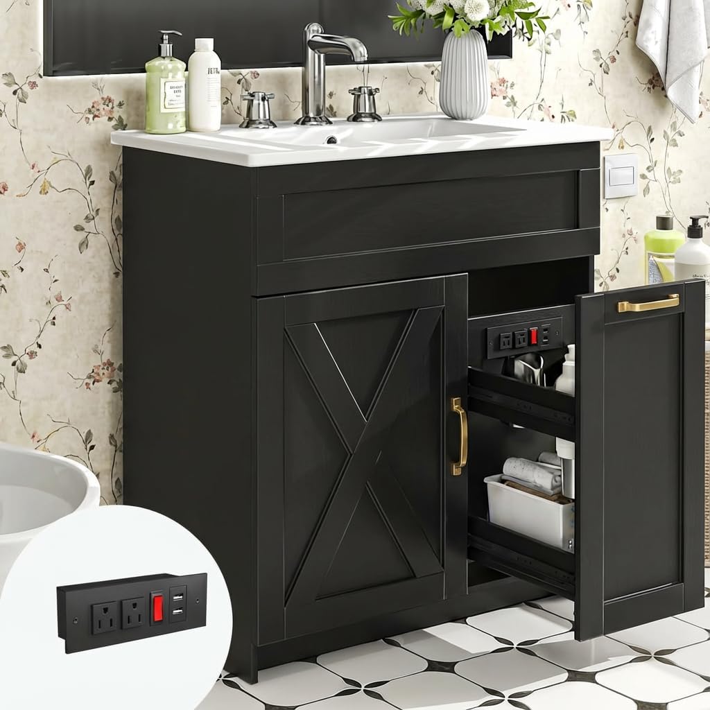 30" Bathroom Vanity with Sink, Black Freestanding Vanity for Small Bathrooms, Solid Metal Hinges, Door Organizer, RGB LED Light, Plumbing Clearance Shelf