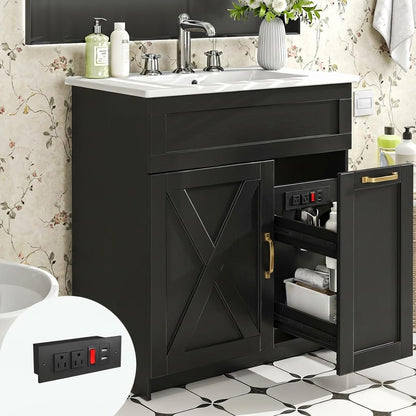 30" Bathroom Vanity with Sink, Black Freestanding Vanity for Small Bathrooms, Solid Metal Hinges, Door Organizer, RGB LED Light, Plumbing Clearance Shelf