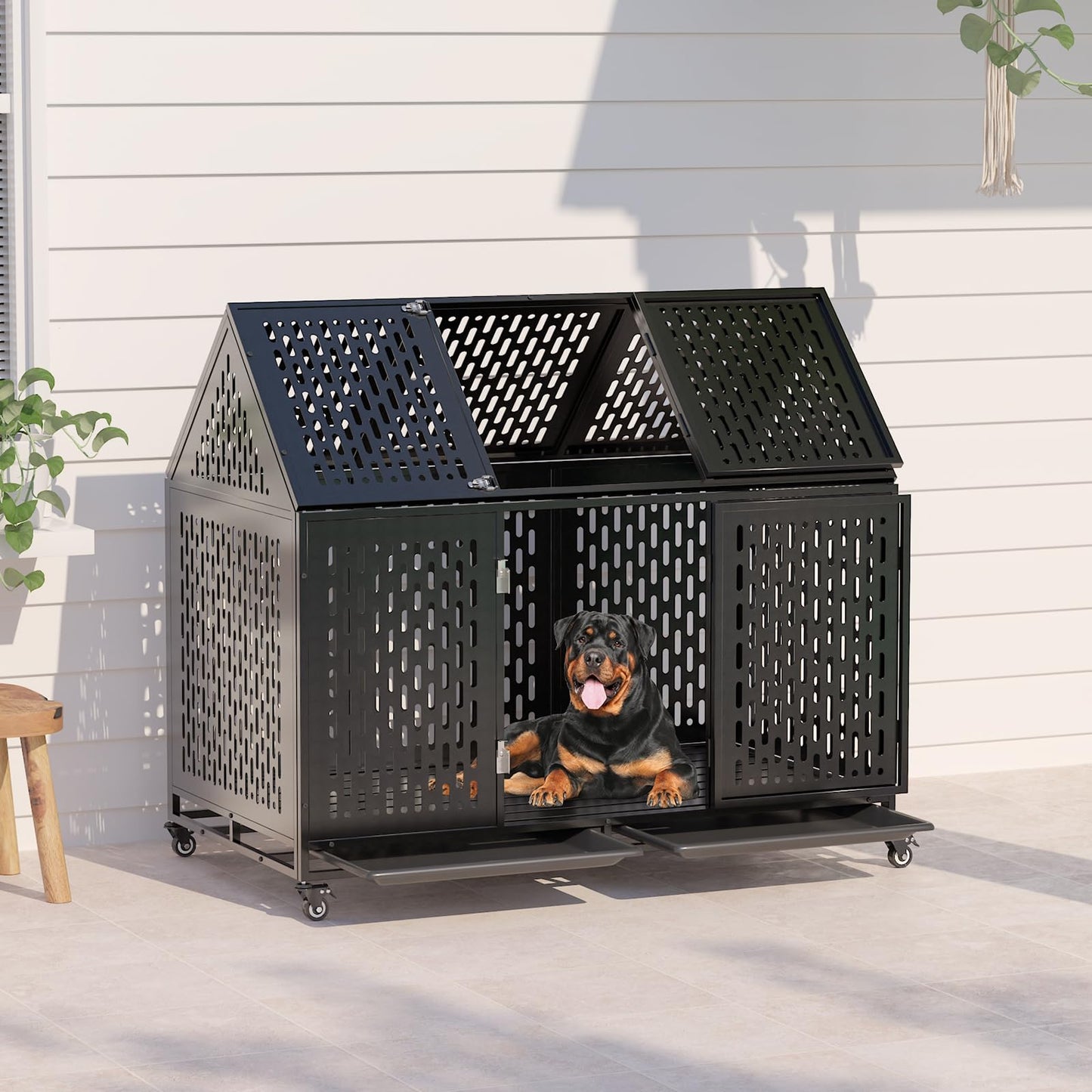 52 Inch Heavy Duty Indoor Dog Kennel for Large Dogs – Indestructible Dog Crate with Divider, Steel XL Dog Cage with Double Door, Wheels & Removable Tray, Black