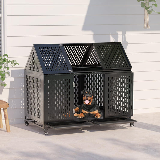 52 Inch Heavy Duty Indoor Dog Kennel for Large Dogs – Indestructible Dog Crate with Divider, Steel XL Dog Cage with Double Door, Wheels & Removable Tray, Black
