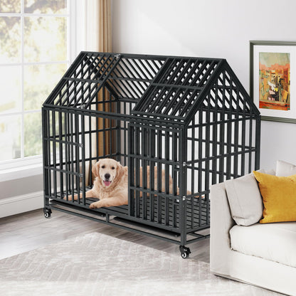 Indestructible Dog Crate with Divider – 54 Inch Heavy Duty Indoor Dog Kennel for Large Dogs, Steel XL Dog Cage with Double Door, Wheels & Removable Tray, Black