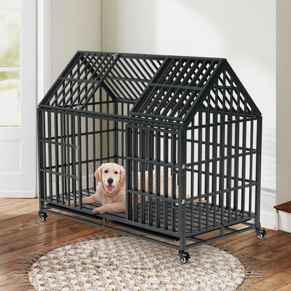 52" Heavy Duty Indestructible Dog Crate | Escape Proof, Double Door, Lockable Wheels, Removable Tray | XL