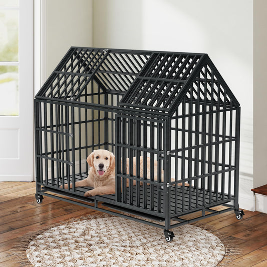 52" Heavy Duty Indestructible Dog Crate | Escape Proof, Double Door, Lockable Wheels, Removable Tray | XL