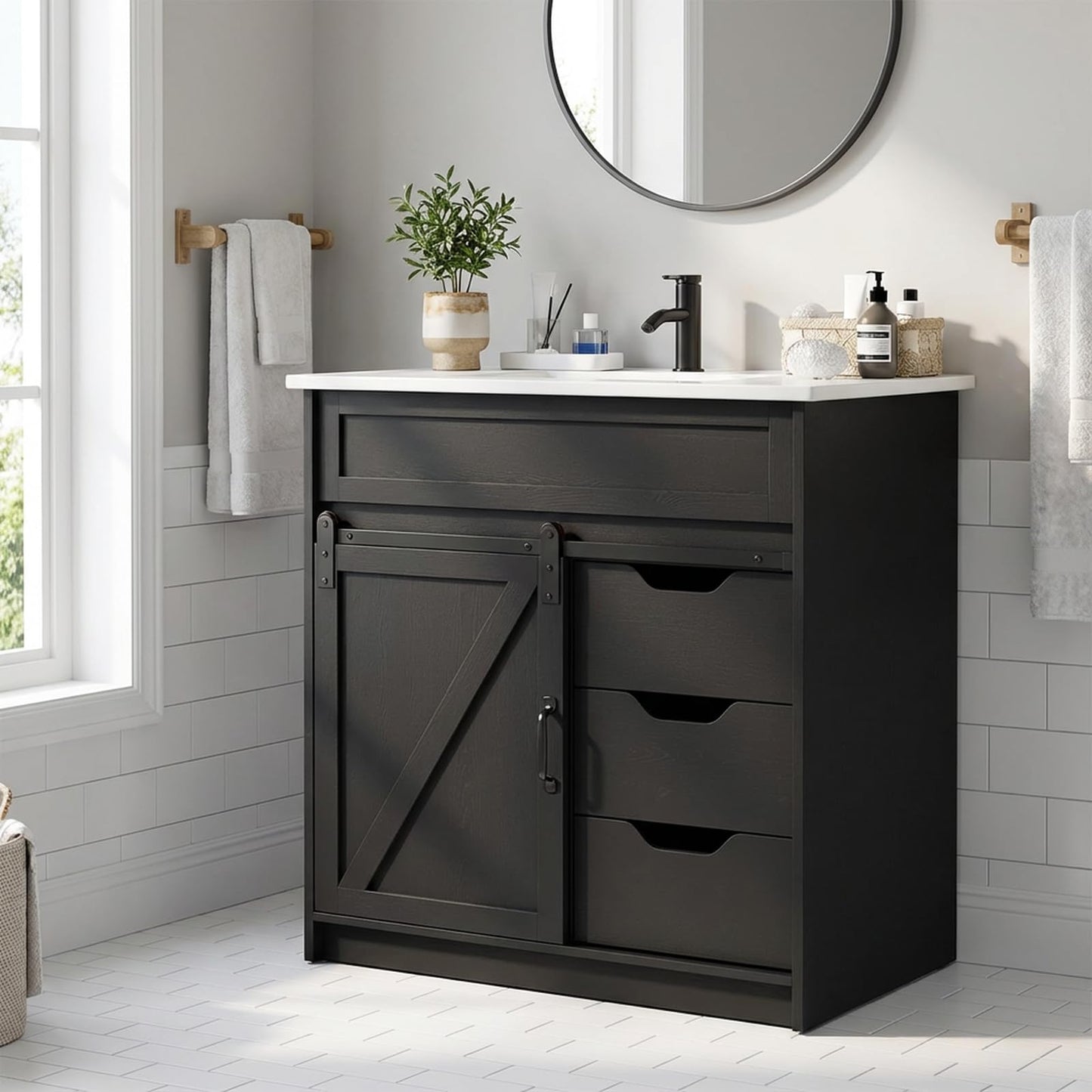 30" Farmhouse Bathroom Vanity Set with Sink, Power Outlets & Hair Tool Organizer