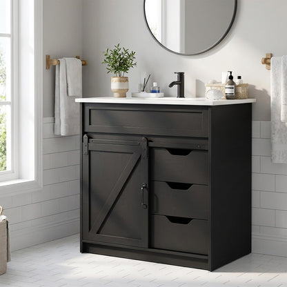 30" Farmhouse Bathroom Vanity Set with Sink, Power Outlets & Hair Tool Organizer