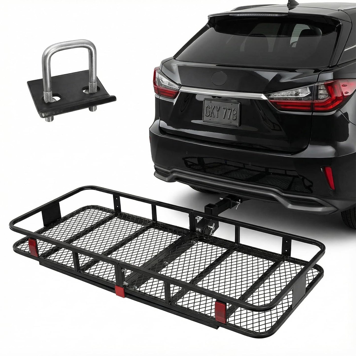 Folding Hitch Cargo Carrier – Extra-Wide 24" Steel Basket, 500 lb, Anti-Wobble Stabilizer