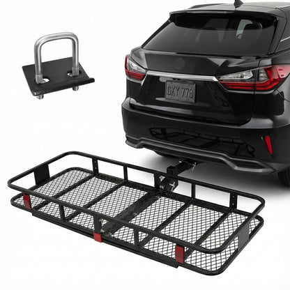 Folding Hitch Cargo Carrier – Extra-Wide 24" Steel Basket, 500 lb, Anti-Wobble Stabilizer