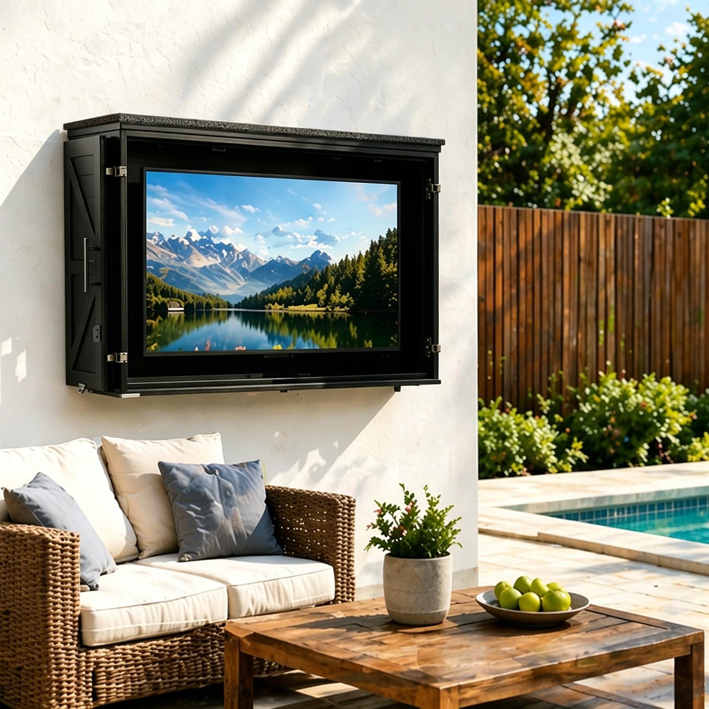 45-55" Solid Wood Outdoor TV Enclosure with Double Doors, Lock & Dual-Arm Mount