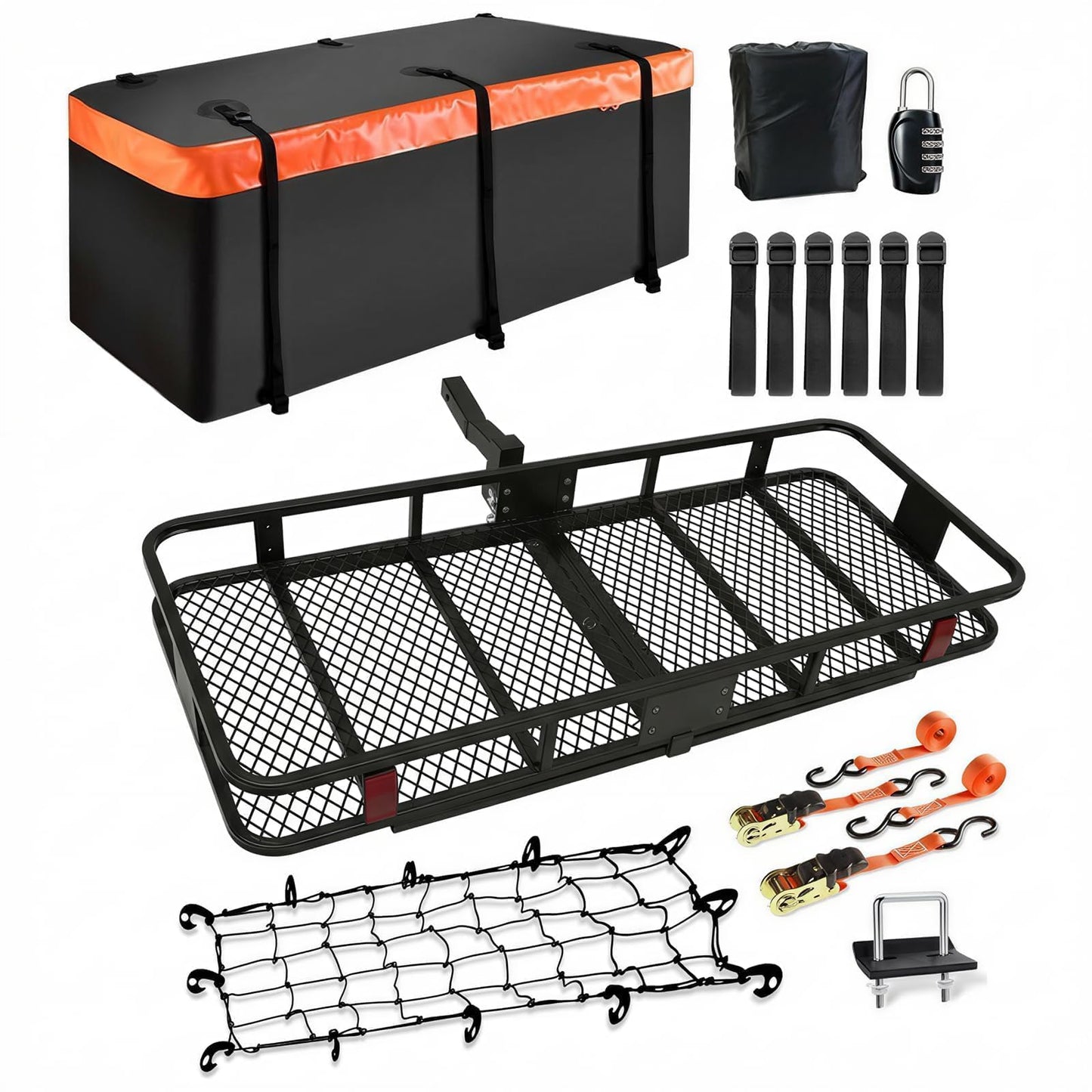 Hitch Cargo Carrier 70 in XXL Basket – Anti-Rattle Stabilizer & Waterproof Bag Set