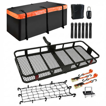 Hitch Cargo Carrier 70 in XXL Basket – Anti-Rattle Stabilizer & Waterproof Bag Set