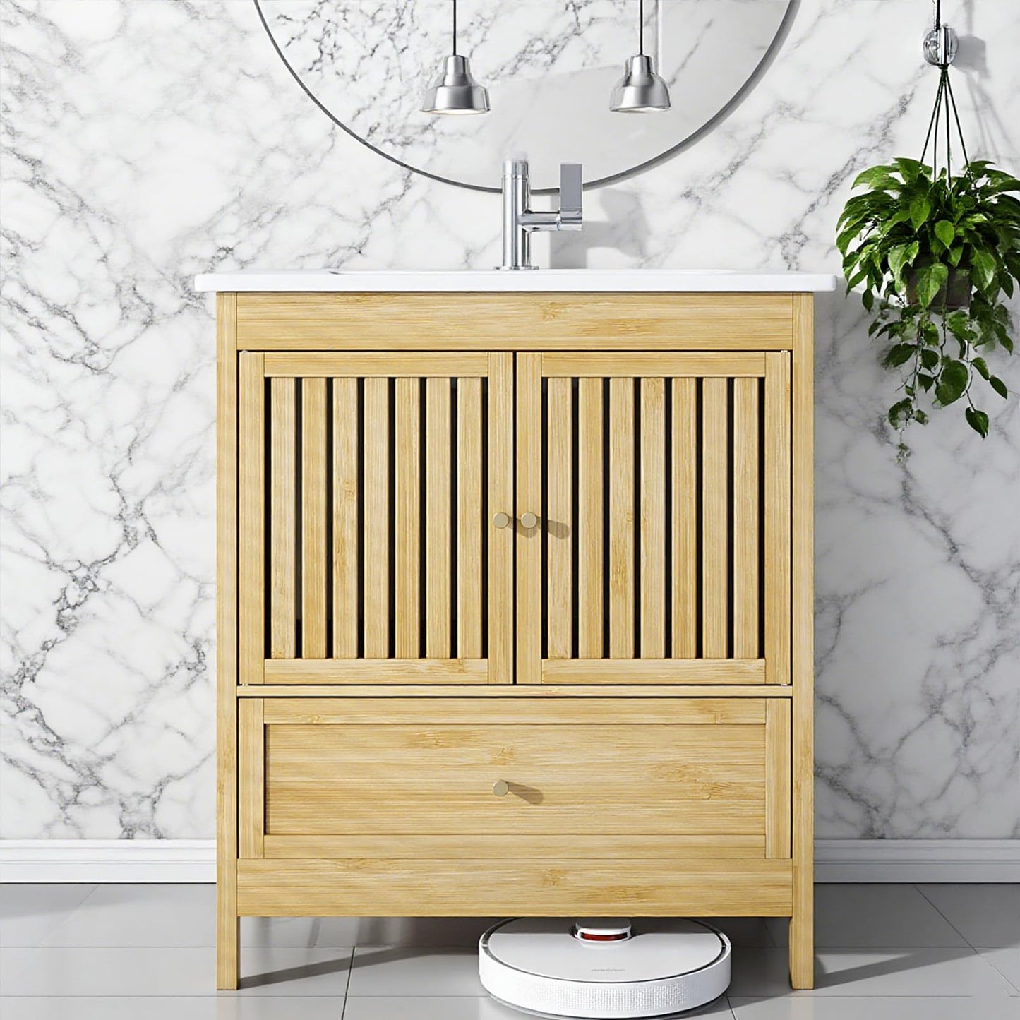 30" Naturoasis Farmhouse Bathroom Vanity with Sink – Bamboo Cabinet, Large Drawer & Soft-Close Doors