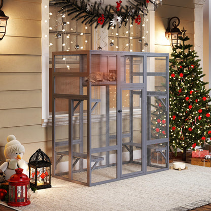 Extra-Large Outdoor Cat Catio with Insulated Condo – Galvanized Mesh, Waterproof Roof + Rain Cover (3+ Cats)