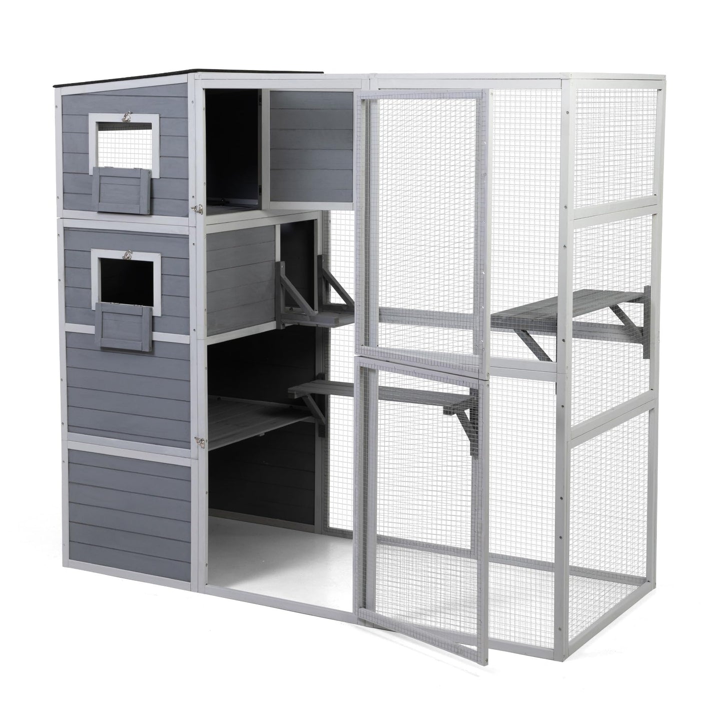 4-Tier Cat Tree House, XL Indoor/Outdoor Condo, Weatherproof, 2 Platforms, Multi-Cat (Grey)