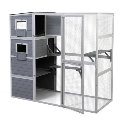4-Tier Cat Tree House, XL Indoor/Outdoor Condo, Weatherproof, 2 Platforms, Multi-Cat (Grey)