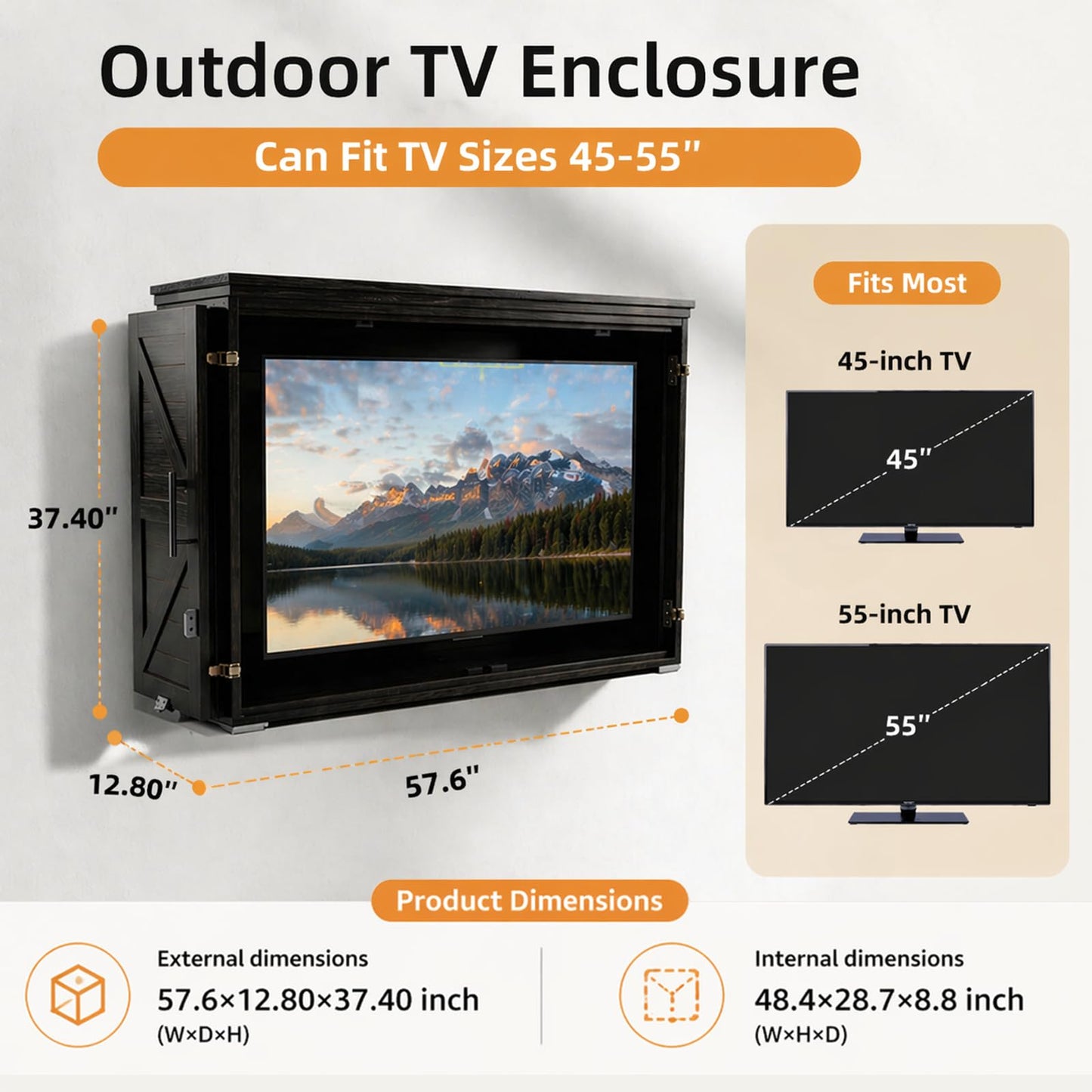 45-55" Solid Wood Outdoor TV Enclosure with Double Doors, Lock & Dual-Arm Mount