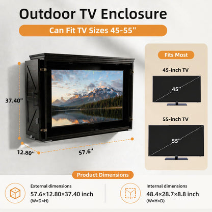 45-55" Solid Wood Outdoor TV Enclosure with Double Doors, Lock & Dual-Arm Mount