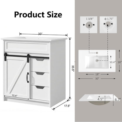 30" Farmhouse Bathroom Vanity with Sink – Sliding Barn Door, 3 Drawers & Metal Handle, White
