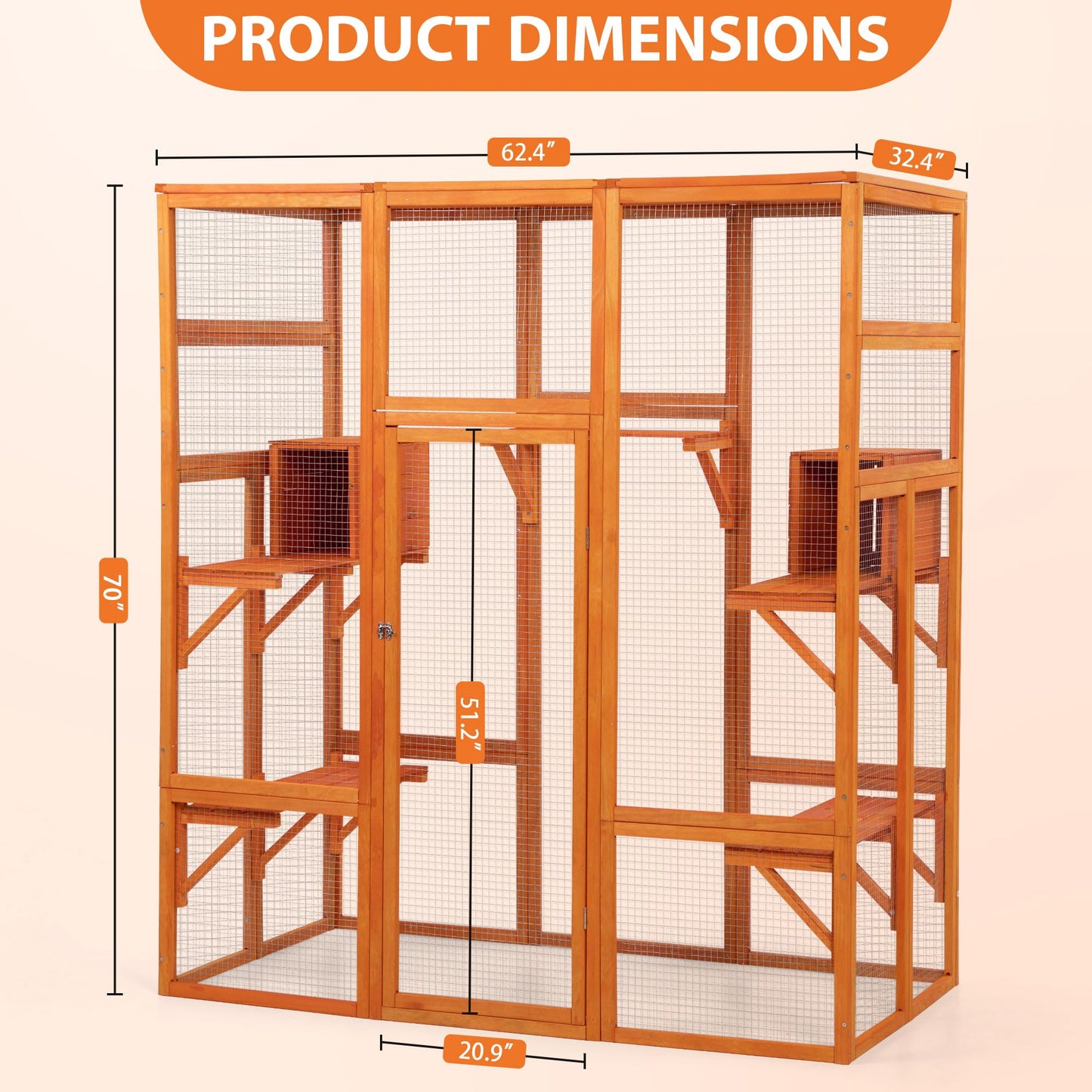 Outdoor Catio Cat Enclosure – 99" Wooden Cat House, 6 Jumping Platforms, Scratching Post, Waterproof Roof, Window Access, Orange