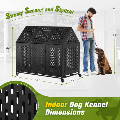 52 Inch Heavy Duty Indoor Dog Kennel for Large Dogs – Indestructible Dog Crate with Divider, Steel XL Dog Cage with Double Door, Wheels & Removable Tray, Black