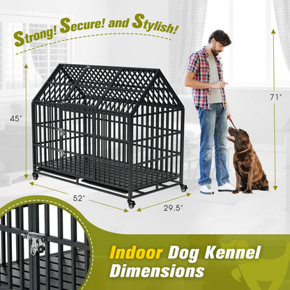 52" Heavy Duty Indestructible Dog Crate | Escape Proof, Double Door, Lockable Wheels, Removable Tray | XL