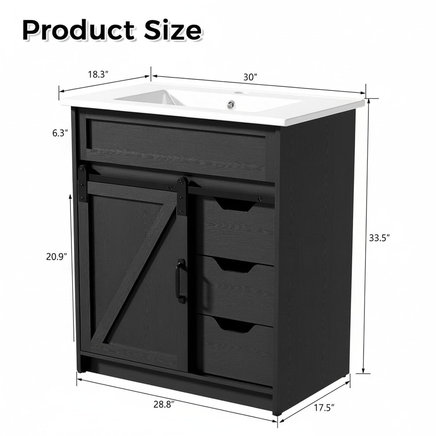 30" Farmhouse Bathroom Vanity Set with Sink, Power Outlets & Hair Tool Organizer