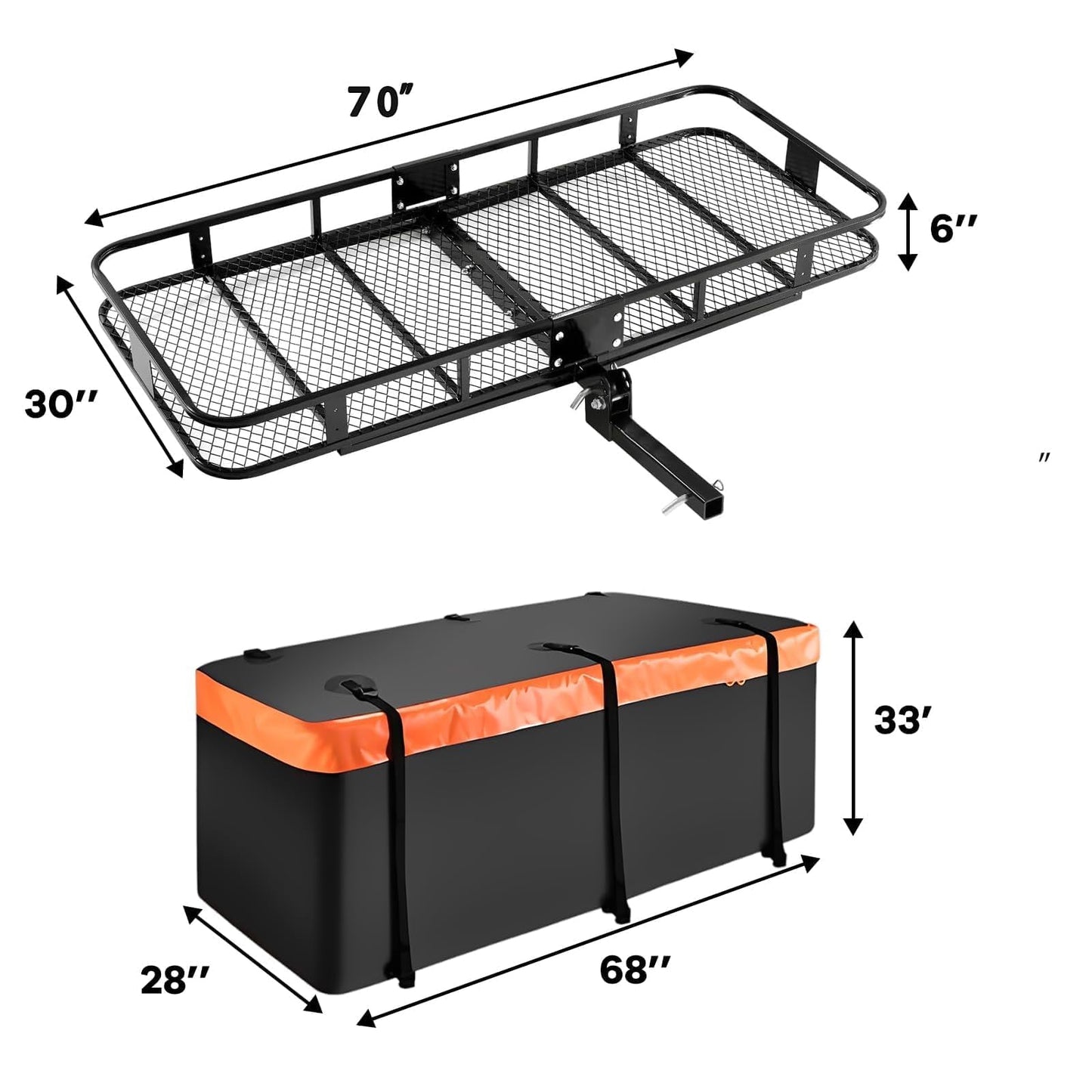 Hitch Cargo Carrier 70 in XXL Basket – Anti-Rattle Stabilizer & Waterproof Bag Set