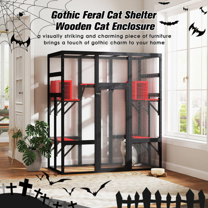 Gothic Large Catio Cat Enclosure, 4-Tier Indoor/Outdoor House, 2 Rooms, 5 Platforms, Waterproof, Window Balcony