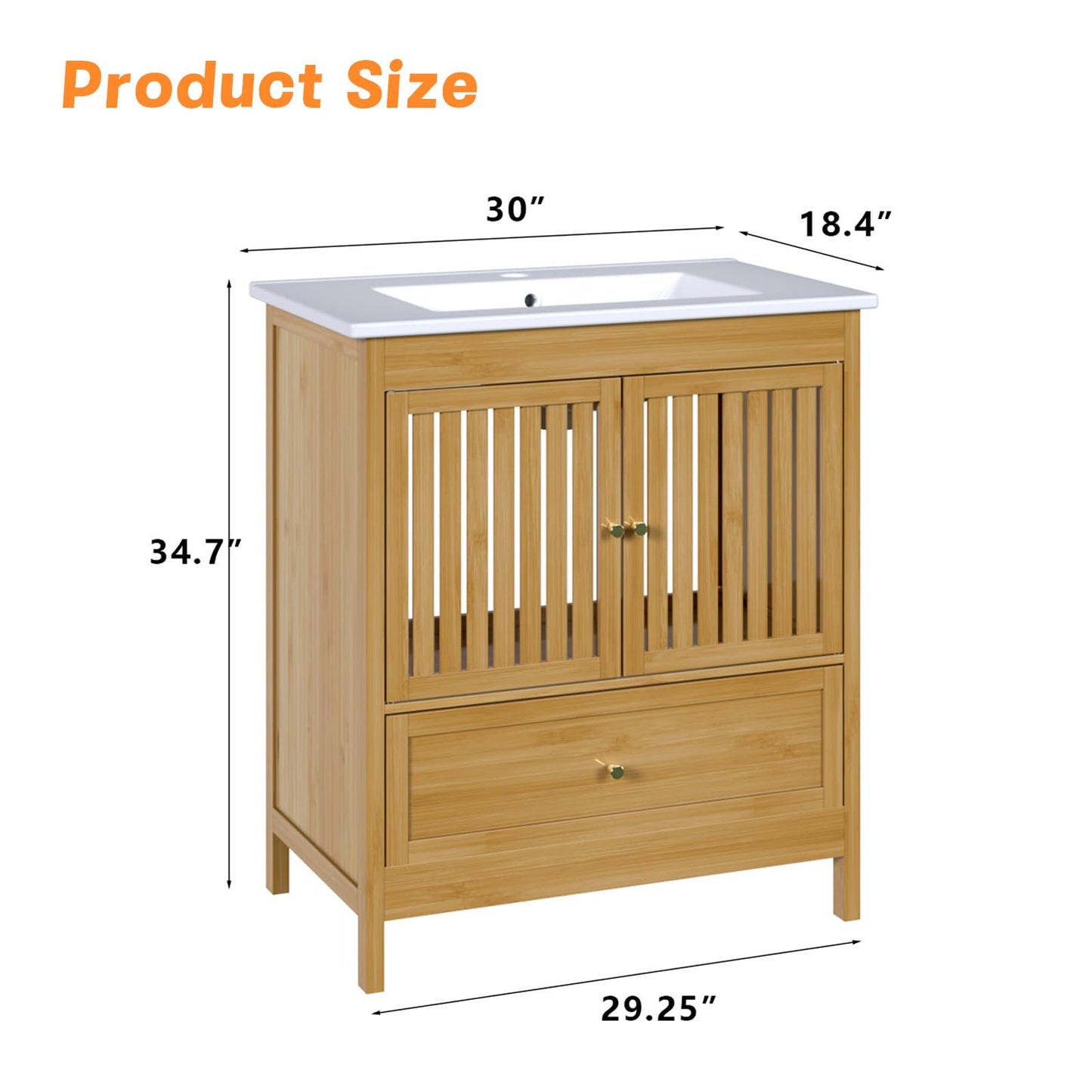 30" Naturoasis Farmhouse Bathroom Vanity with Sink – Bamboo Cabinet, Large Drawer & Soft-Close Doors