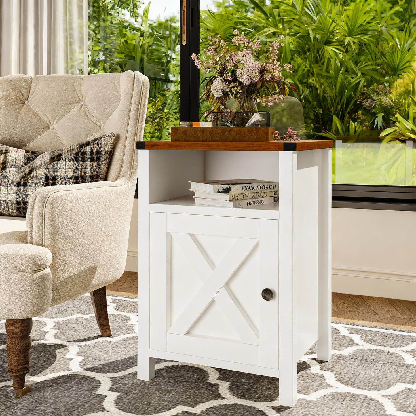 Set of 2 Farmhouse Nightstands, 16" Barn Door, Open Compartment, Bedroom Side Table – Natural Oak & Rustic White