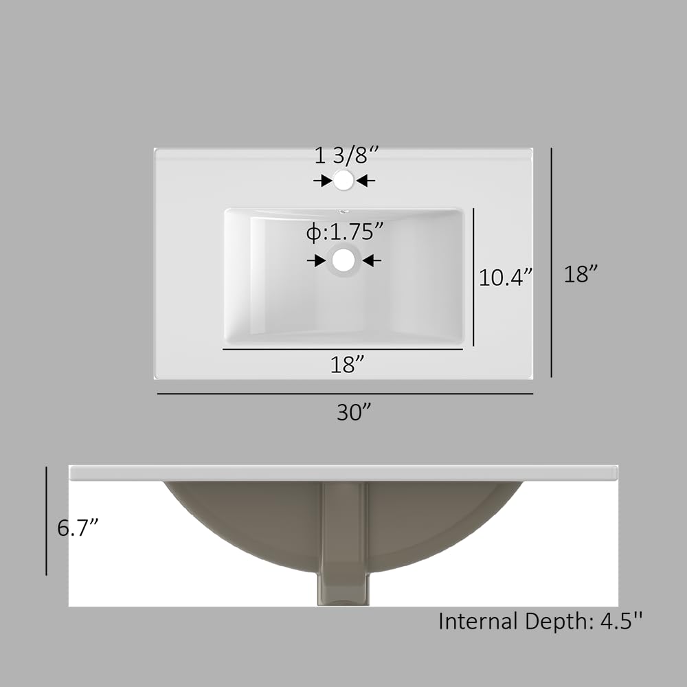 30 Inch White Ceramic Vanity Sink Top – Glazed Basin with Overflow Drain