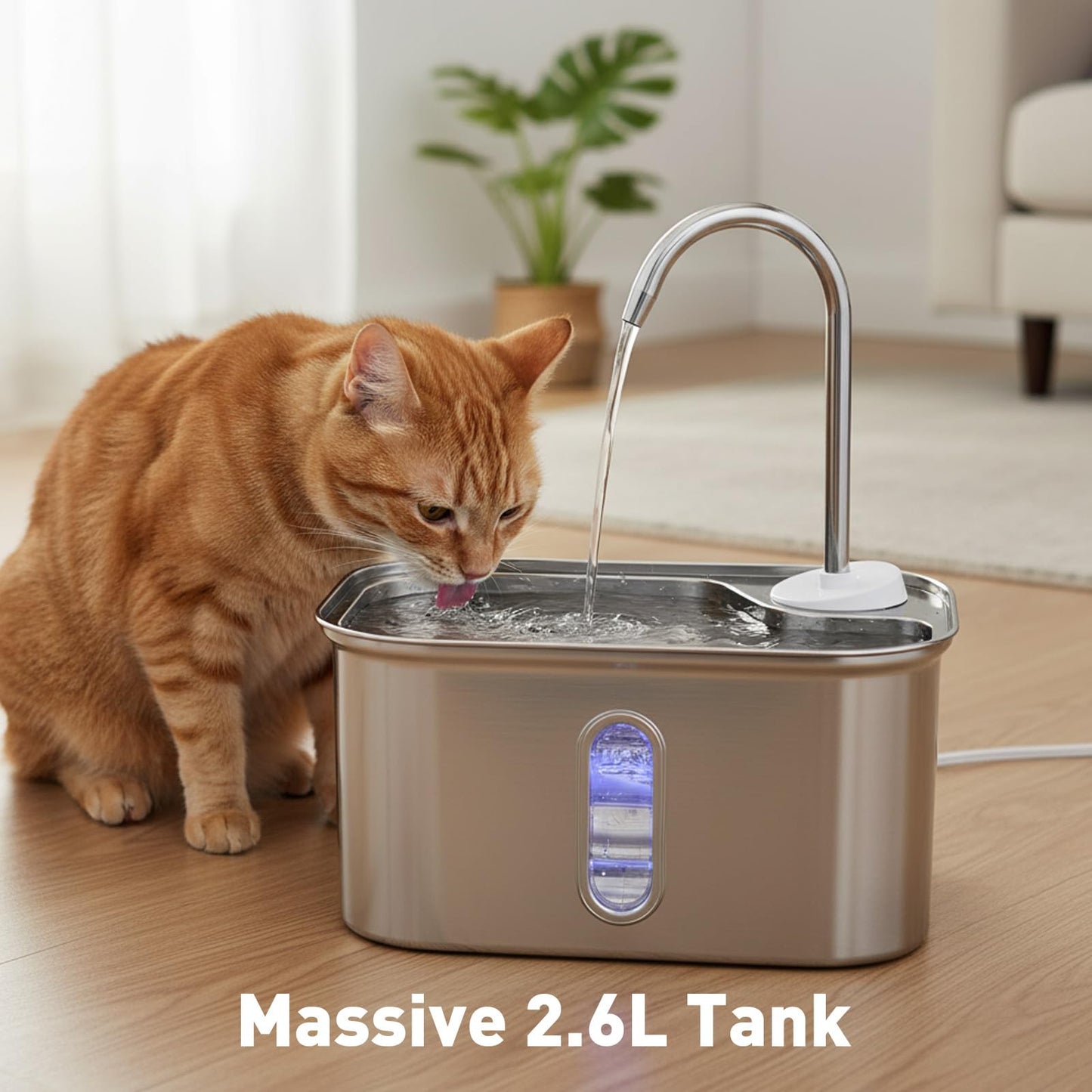 Stainless Steel Cat Water Fountain – 2.6L Capacity with Dual Filtration, Ultra Quiet Pump & Visible Water Level for Pets and Small Animals