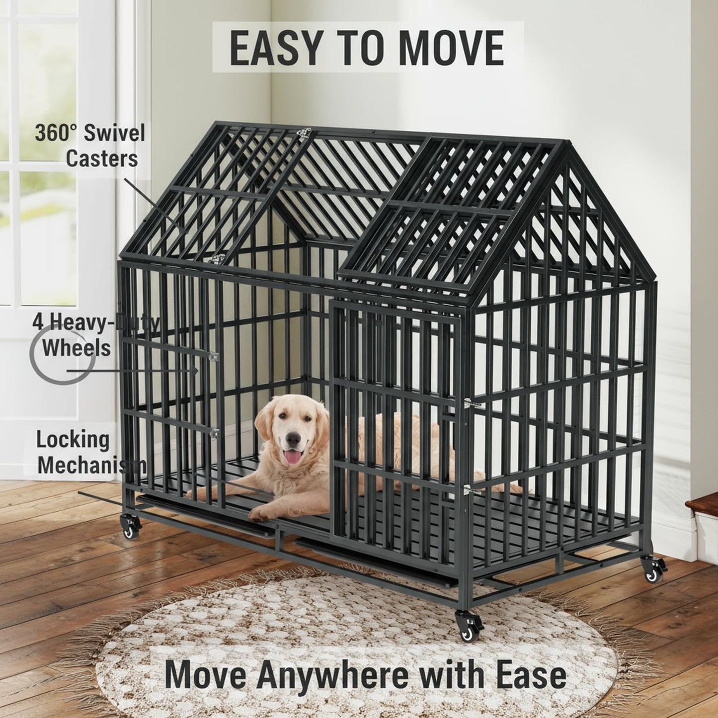 52" Heavy Duty Indestructible Dog Crate | Escape Proof, Double Door, Lockable Wheels, Removable Tray | XL