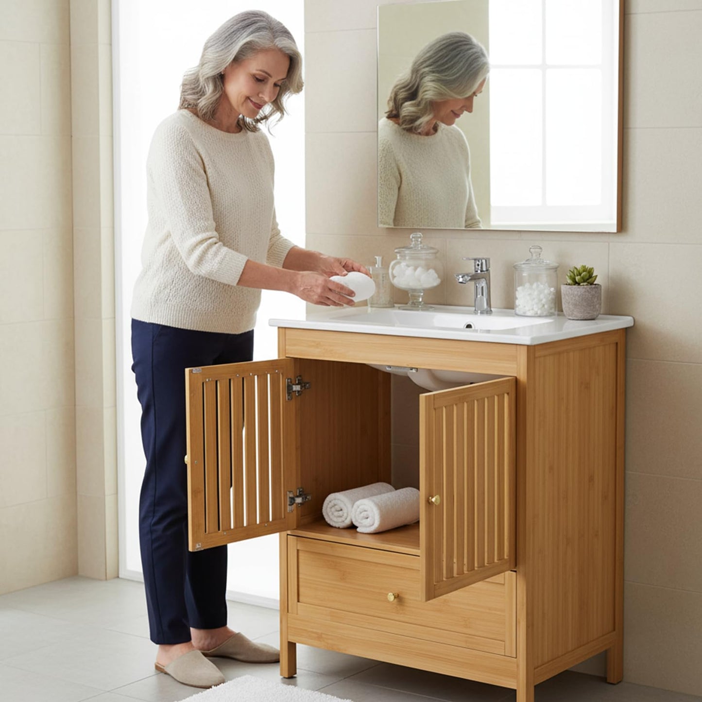 30" Naturoasis Farmhouse Bathroom Vanity with Sink – Bamboo Cabinet, Large Drawer & Soft-Close Doors