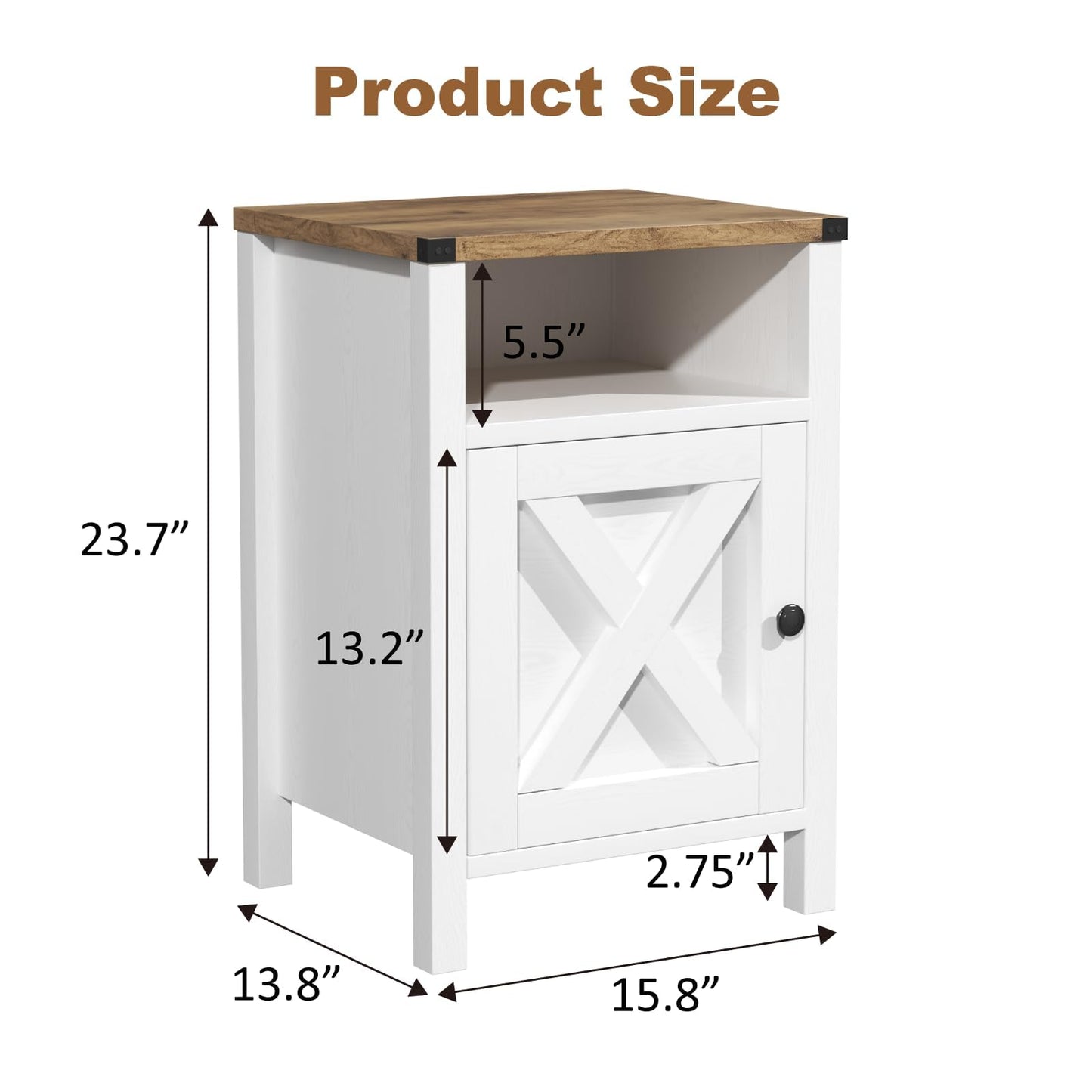 Set of 2 Farmhouse Nightstands, 16" Barn Door, Open Compartment, Bedroom Side Table – Natural Oak & Rustic White