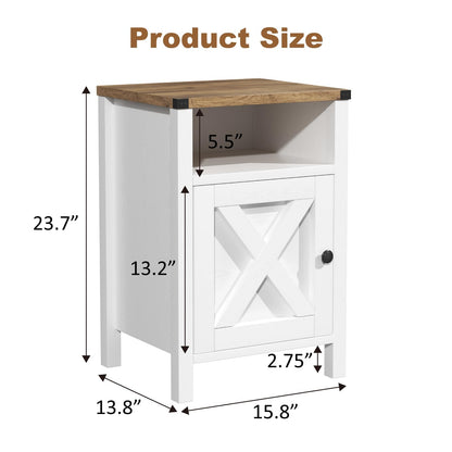 Set of 2 Farmhouse Nightstands, 16" Barn Door, Open Compartment, Bedroom Side Table – Natural Oak & Rustic White