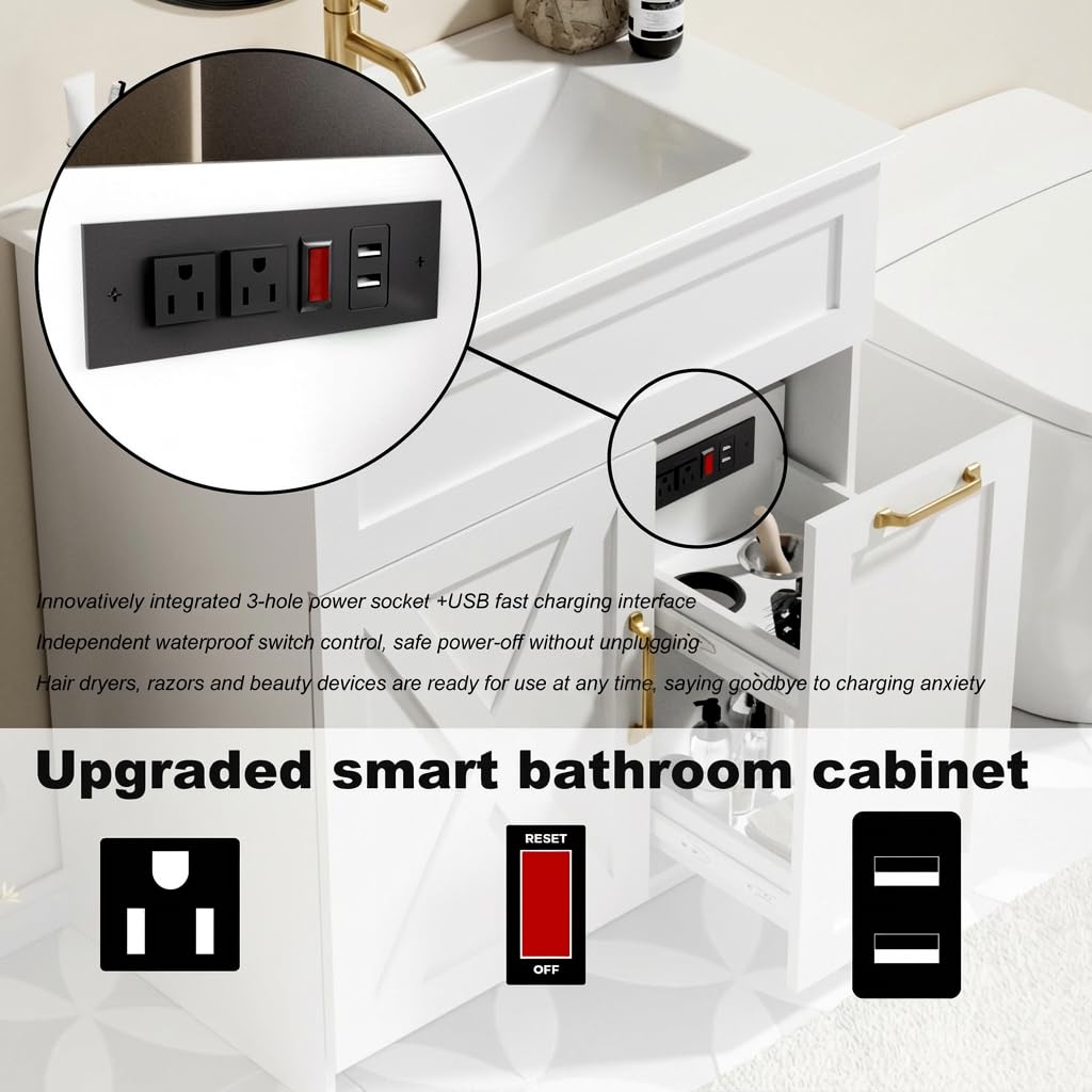 30" Bathroom Vanity with Sink, Black Freestanding Vanity for Small Bathrooms, Solid Metal Hinges, Door Organizer, RGB LED Light, Plumbing Clearance Shelf