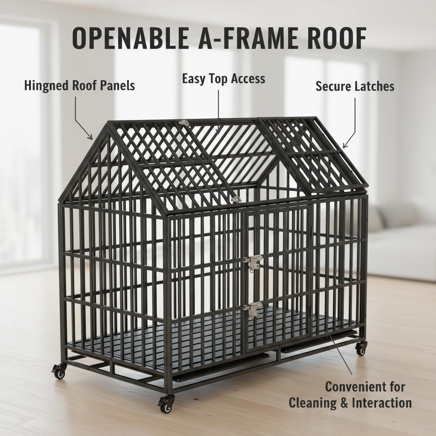 Indestructible Dog Crate with Divider – 54 Inch Heavy Duty Indoor Dog Kennel for Large Dogs, Steel XL Dog Cage with Double Door, Wheels & Removable Tray, Black