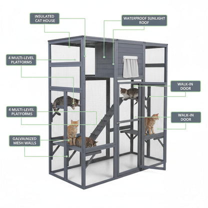 Extra-Large Outdoor Cat Catio with Insulated Condo – Galvanized Mesh, Waterproof Roof + Rain Cover (3+ Cats)