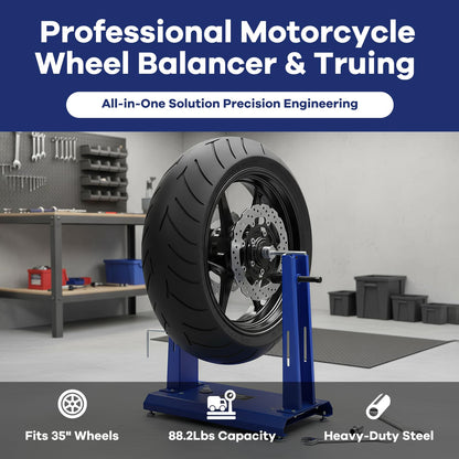 Motorcycle Wheel Balancer & Truing Stand – 2-in-1 Precision Tool, Fits Up to 35" Wheels