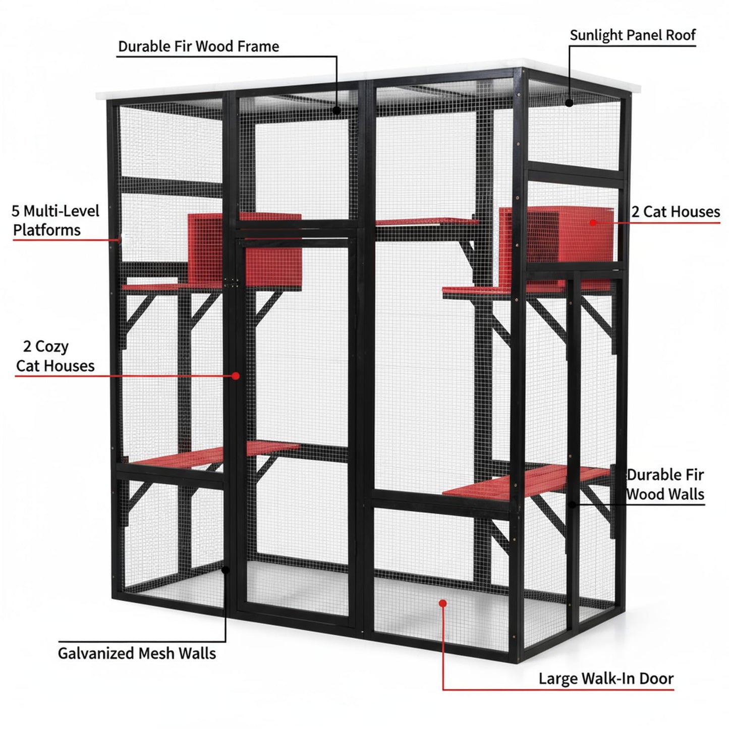 Gothic Large Catio Cat Enclosure, 4-Tier Indoor/Outdoor House, 2 Rooms, 5 Platforms, Waterproof, Window Balcony
