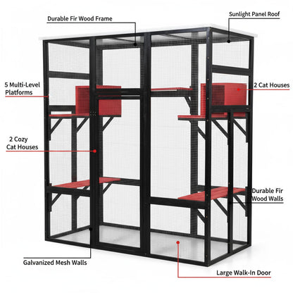 Gothic Large Catio Cat Enclosure, 4-Tier Indoor/Outdoor House, 2 Rooms, 5 Platforms, Waterproof, Window Balcony
