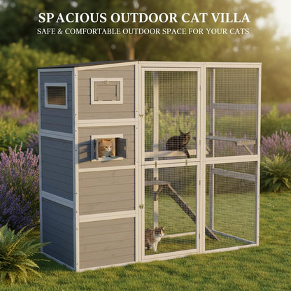 4-Tier Cat Tree House, XL Indoor/Outdoor Condo, Weatherproof, 2 Platforms, Multi-Cat (Grey)